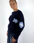 Anneclaire D1805 trui bloemen met ronde hals – Marine