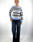 Anneclaire D1814 trui in Blauw Beige met grafisch streepdessin en verticale ribstructuur