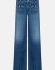 Wijde blauwe jeans met opgestikte voorzakken met knopen. De broek heeft een moderne uitstraling met Franse chic.