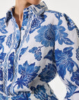 Linnen Blouse met Volumineuze Mouwen en Florale Print - Blue/White