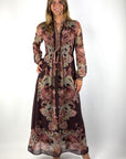 Hale Bob Isolde chiffon jurk met print in Wine met bordeaux, roze en bruine tinten