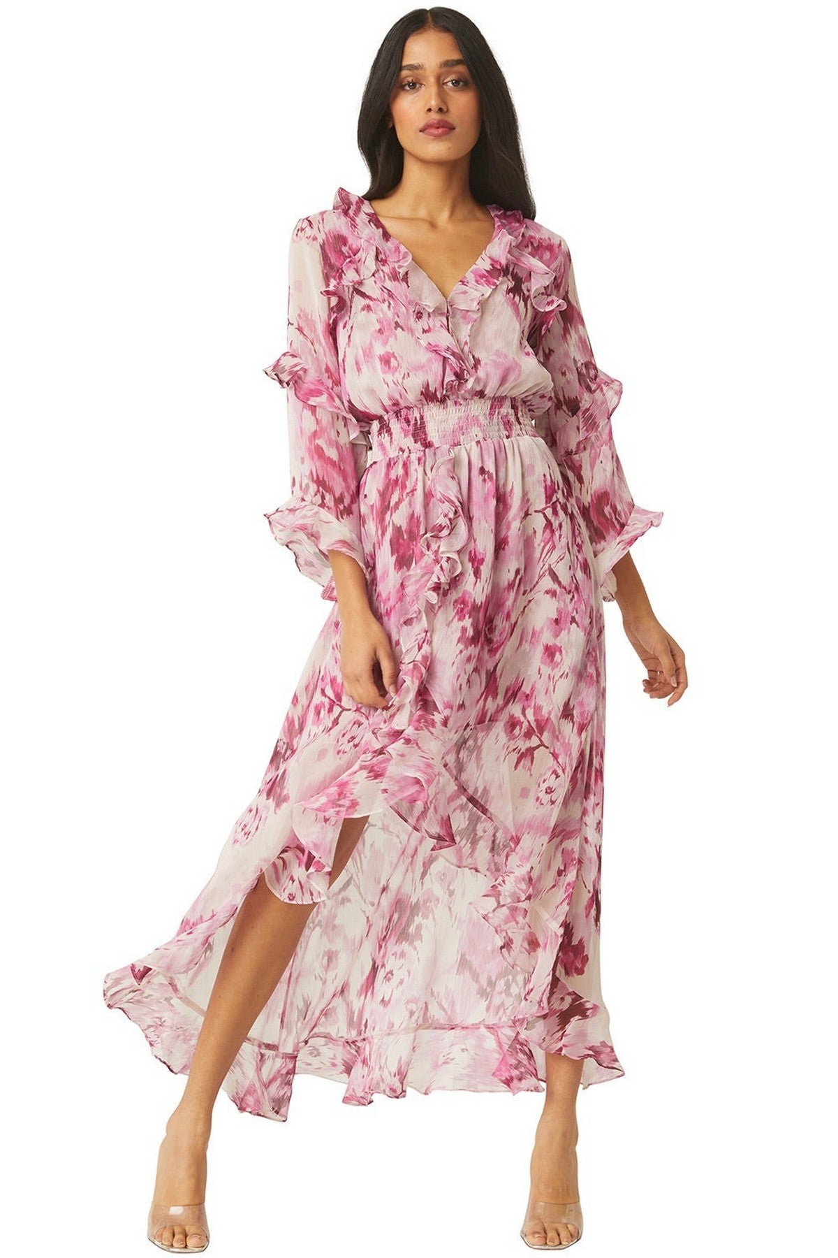 Misa Los Angeles - Imaan Dress - Kleed lang split - wit fuchsia