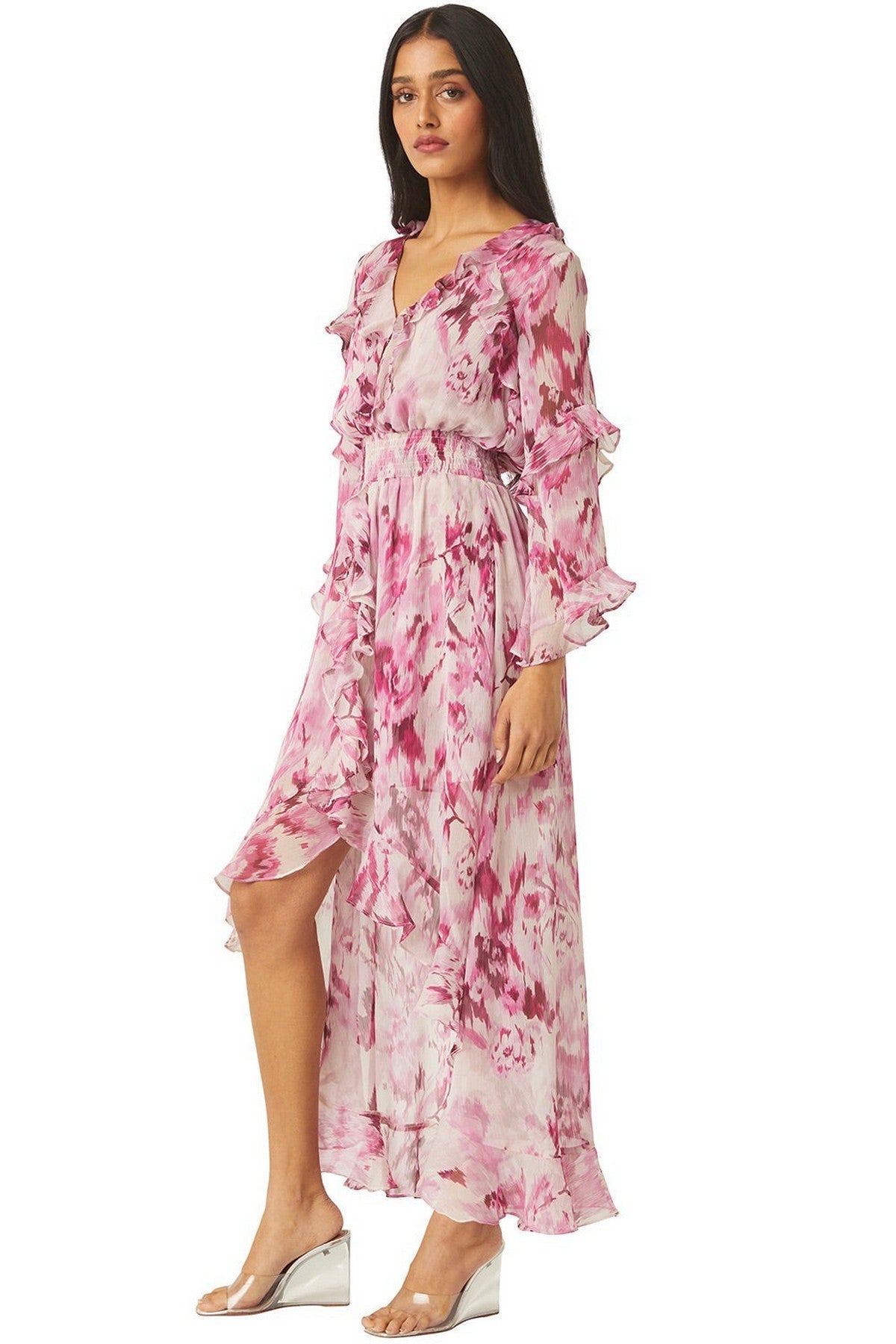Misa Los Angeles - Imaan Dress - Kleed lang split - wit fuchsia