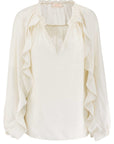 26201080: Witte A-lijn blouse van IVI Collection in crinklestof met romantische ruches over de schouders en mouwen.