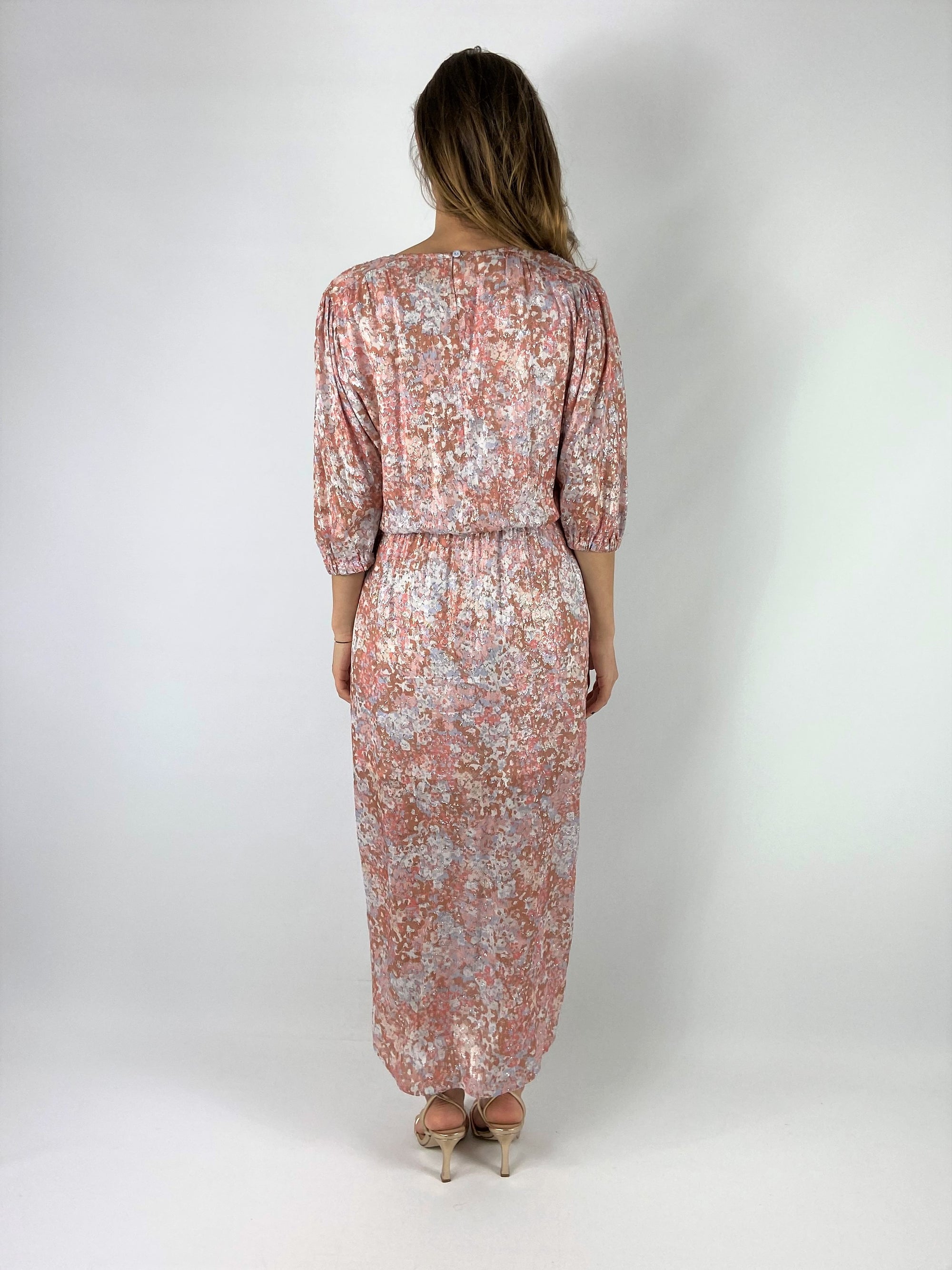 Just Eve - Celilia dust blue - Kleed lang floral lurex print - roze blauw