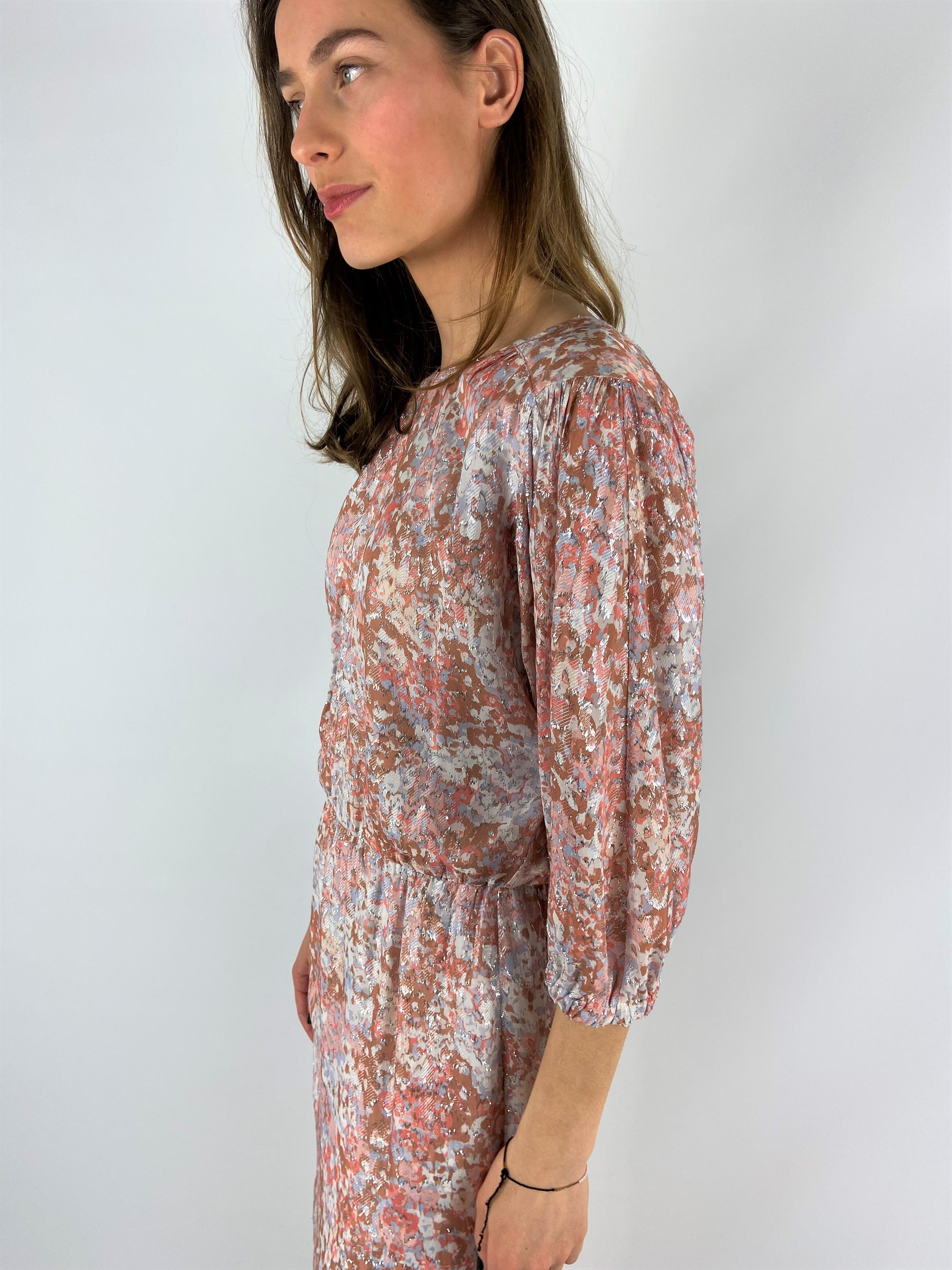 Just Eve - Celilia dust blue - Kleed lang floral lurex print - roze blauw