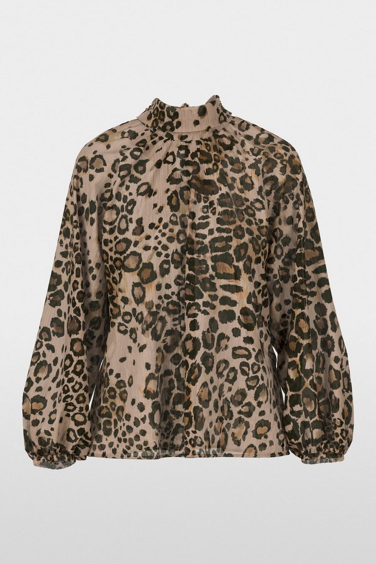 Strikblouse van Marccain met luipaardprint, semitransparante stof, ballonmouwen en losse pasvorm