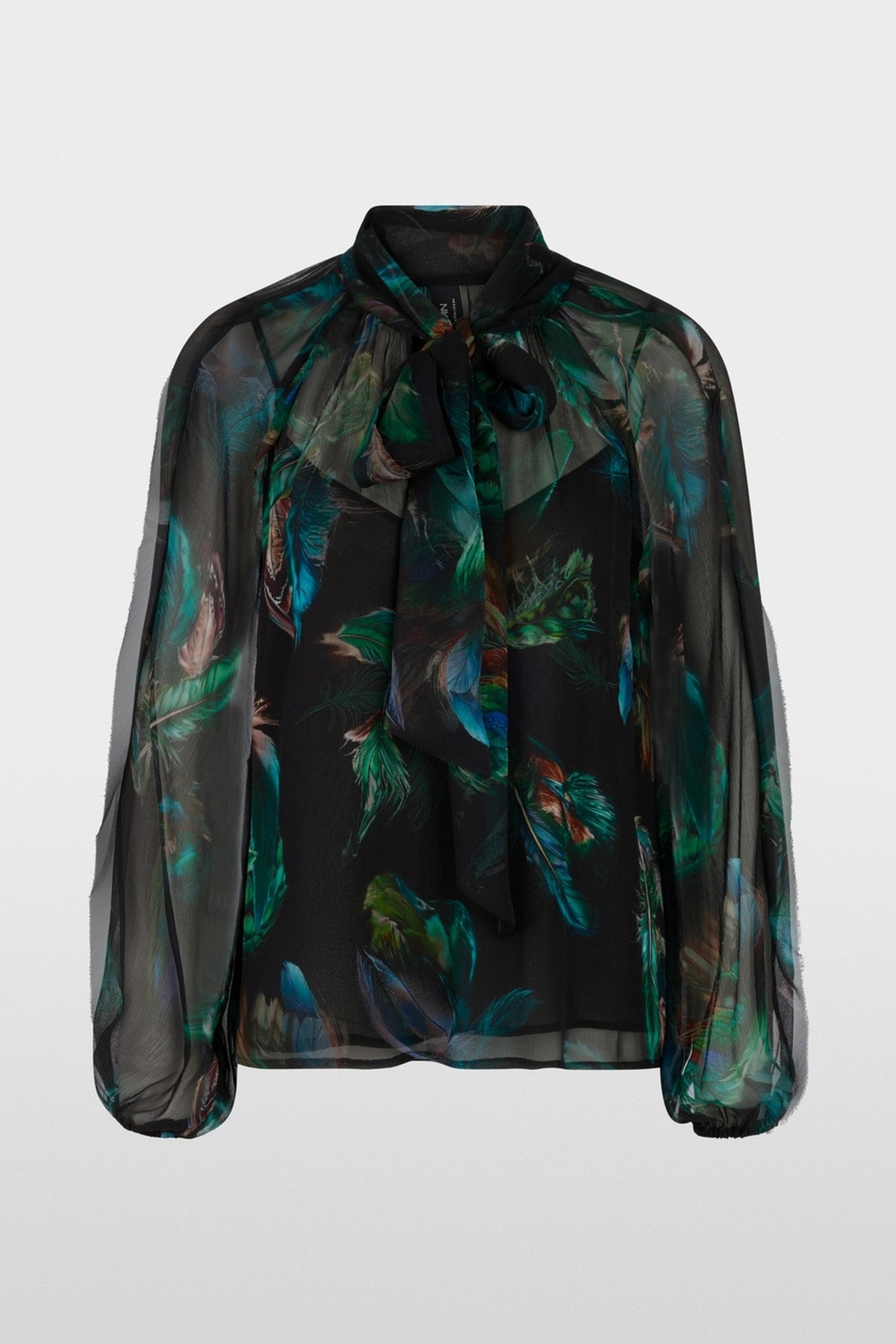 Luchtige, transparante blouse van viscose met elegante veerprint in groene en zwarte kleuren, Inclusief afknoopbare top als onderstuk.