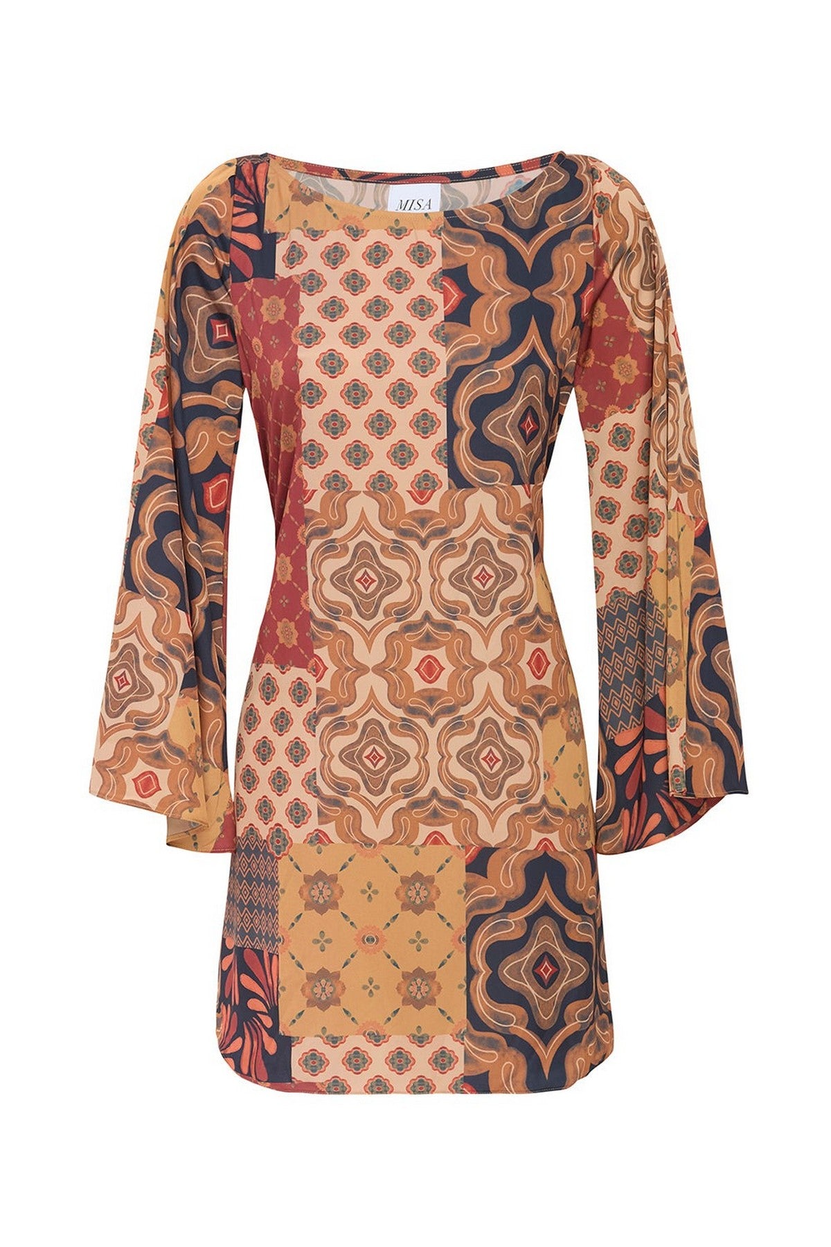 Twiggy-jurk van Misa in een tijdloos mini-silhouet gesneden uit een Surreal Patchwork-print satijn.