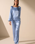 Oscar The Collection - Joelle Top - Hemdbluse Satin U-Boot-Ausschnitt - Himmelblau