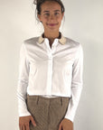 Peserico S06946J0 witte blouse met contrasterende beige katoenen kraag