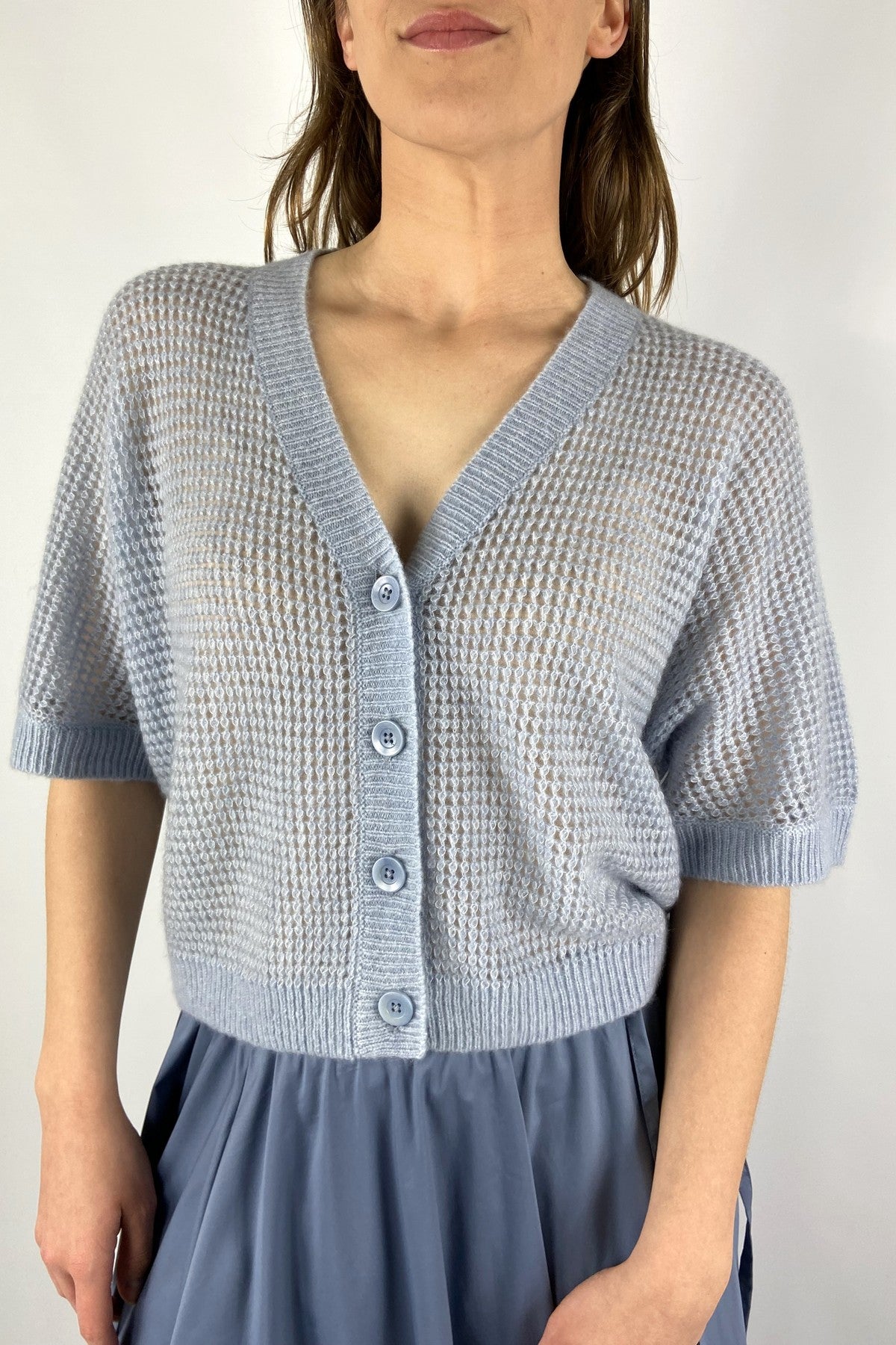 15017 1539 FFC dames vestje lichtblauw halflange mouwen gebreide wafeloptiek