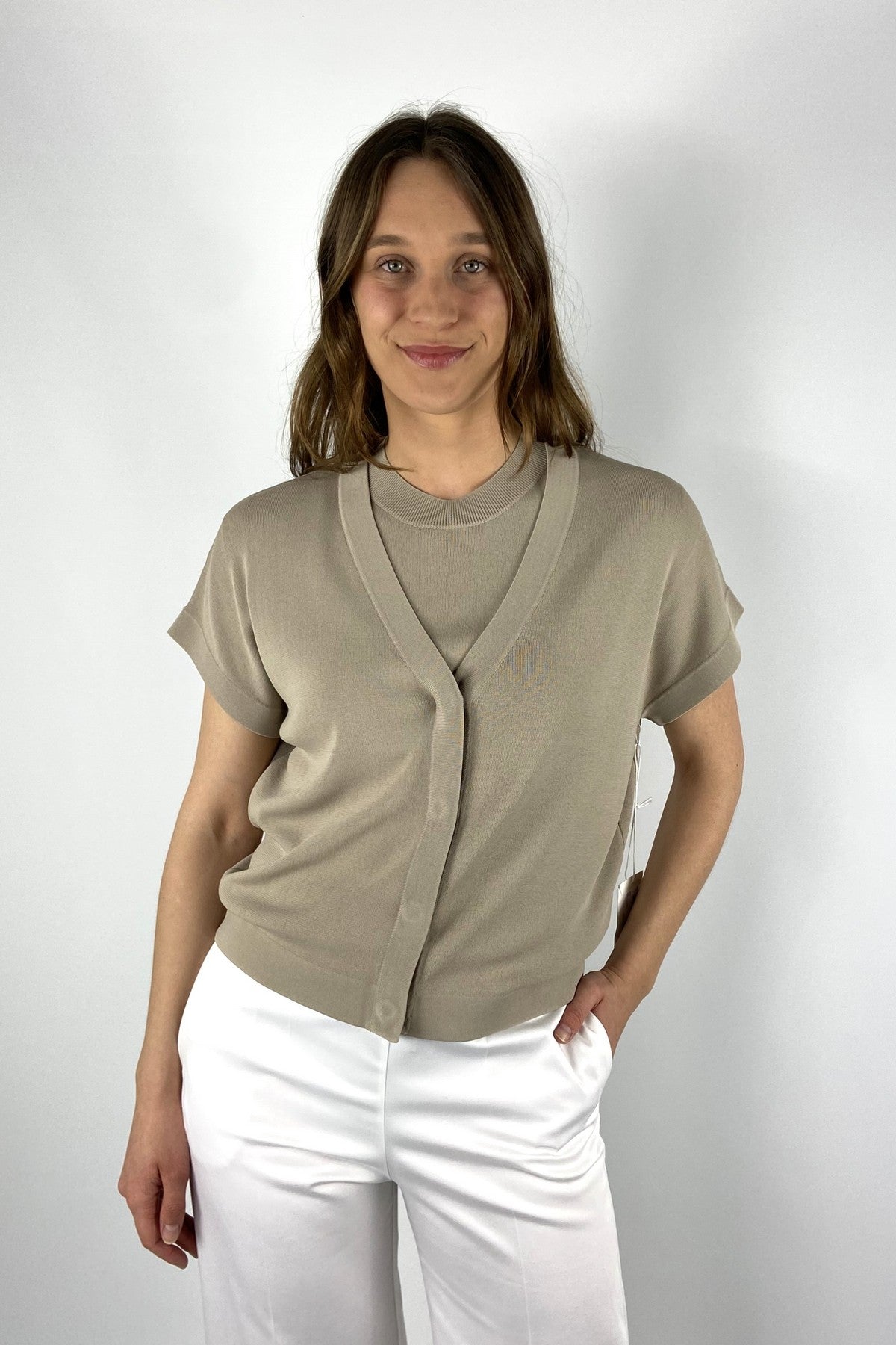 15071 1590 FFC kort vest kleur klei korte mouwen viscose kwaliteit met V-hals