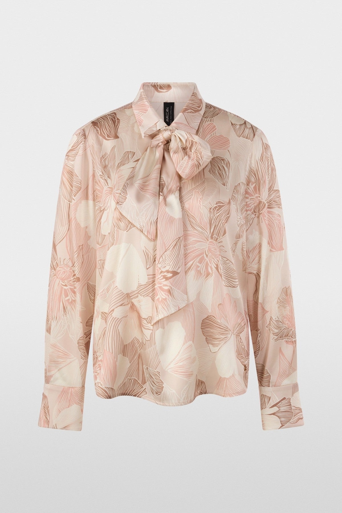 Zijden strikblouse met bloemenprint, klassieke overhemdkraag en striklint met decoratieve ketting. Elegant en vrouwelijk.