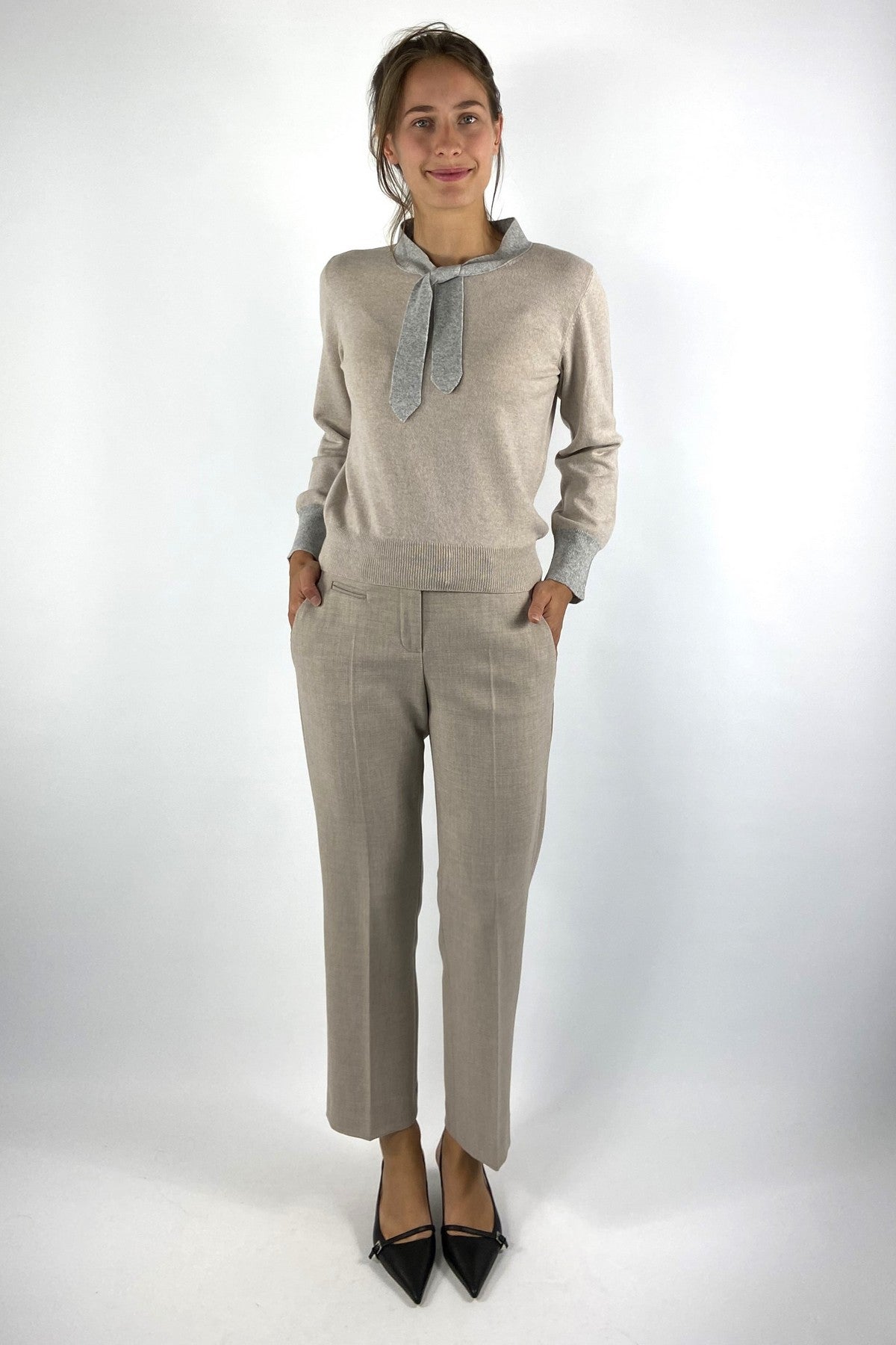 Anneclaire - D1869 | 733 - Trui met strik bicolor - GRIJS BEIGE