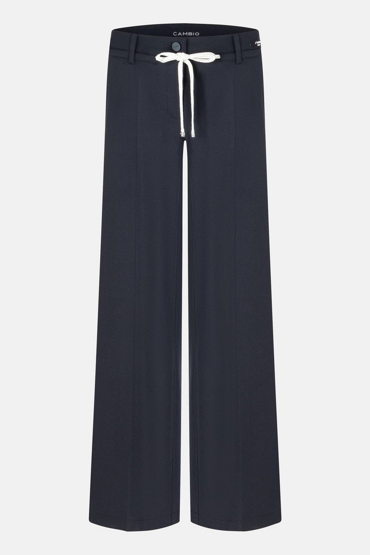 Wijde, lange marineblauwe broek van Cambio in een soepele stof met knoop- en vetersluiting, steekzakken aan de voorkant en achterzakken. 