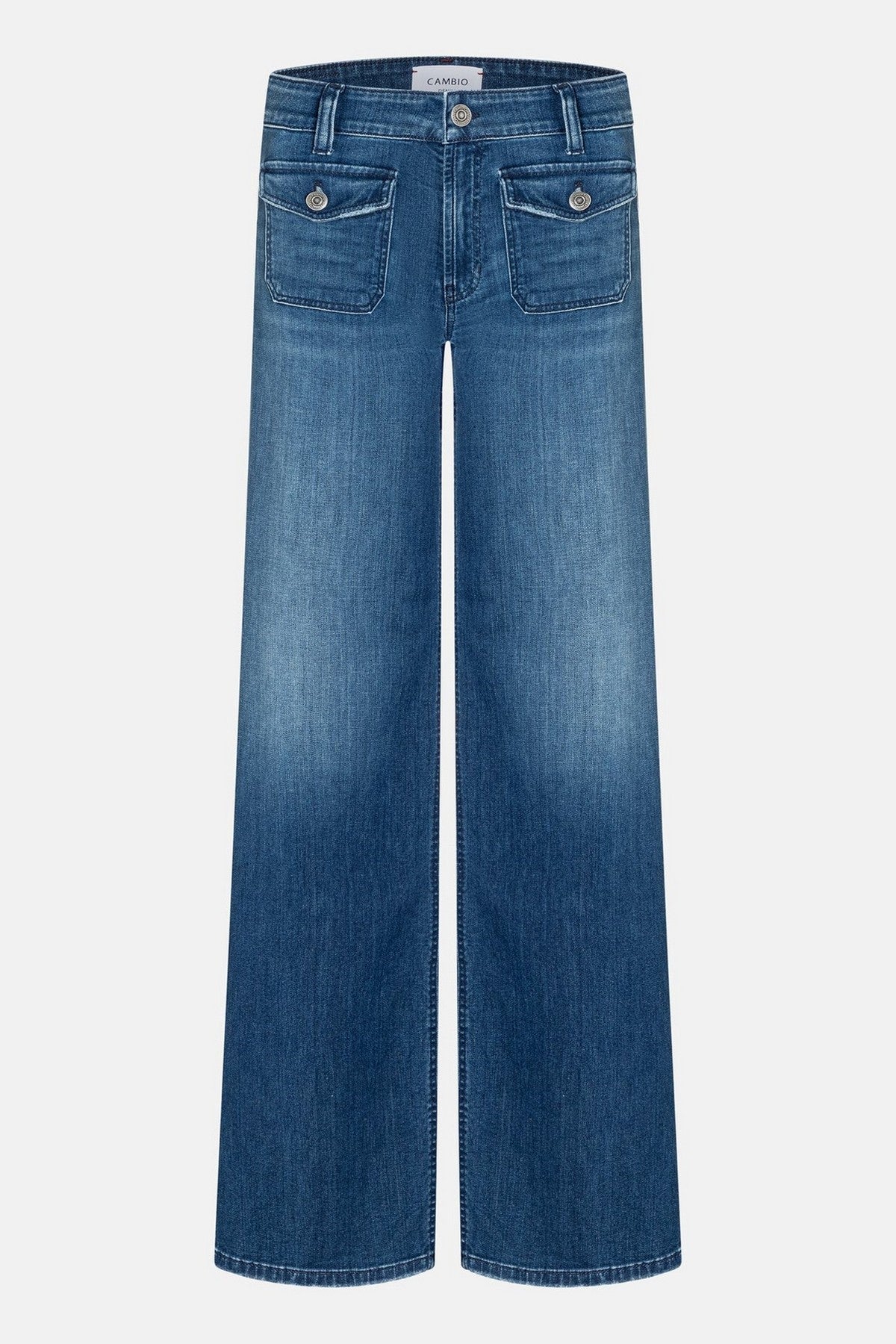 Wijde blauwe jeans met opgestikte voorzakken met knopen. De broek heeft een moderne uitstraling met Franse chic.