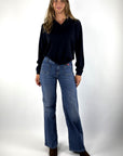 Cambio wide-leg jeans in Medium Blue met hoge taille en comfortabele stretchdenim