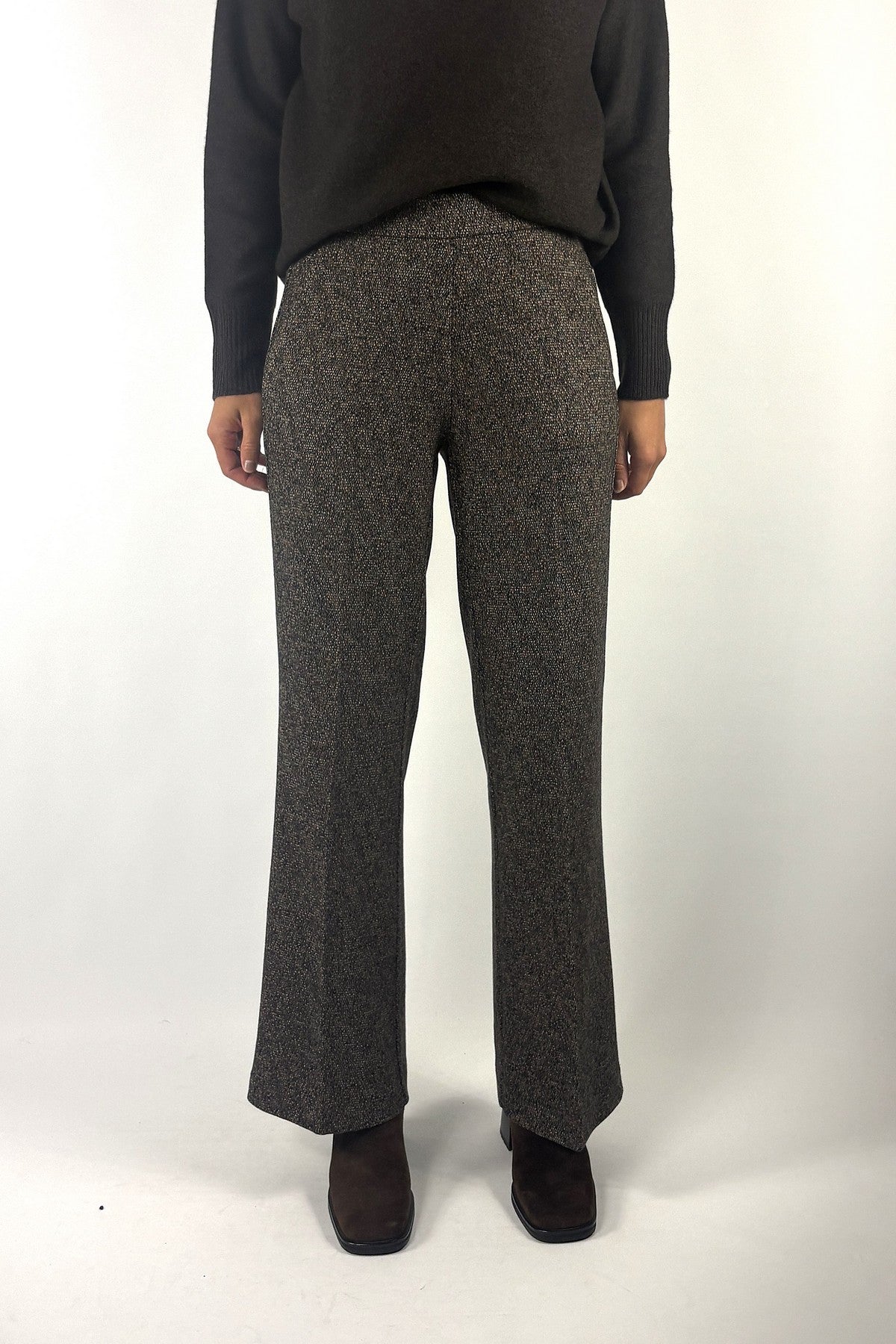 Cambio Ava Utility broek in tweed jersey met wijde pijpen in Black Olive