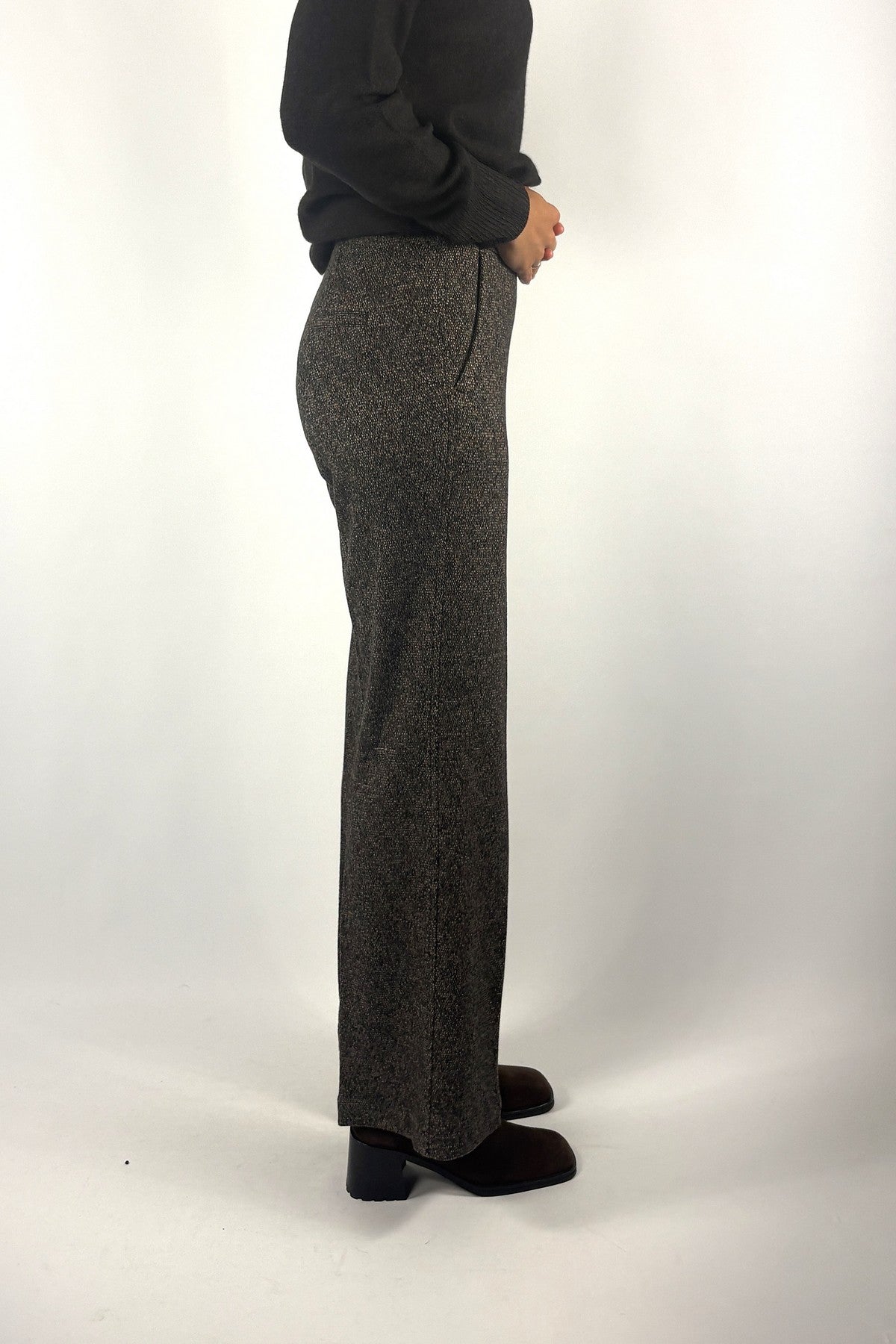 Cambio Ava Utility broek in tweed jersey met wijde pijpen – Black Olive