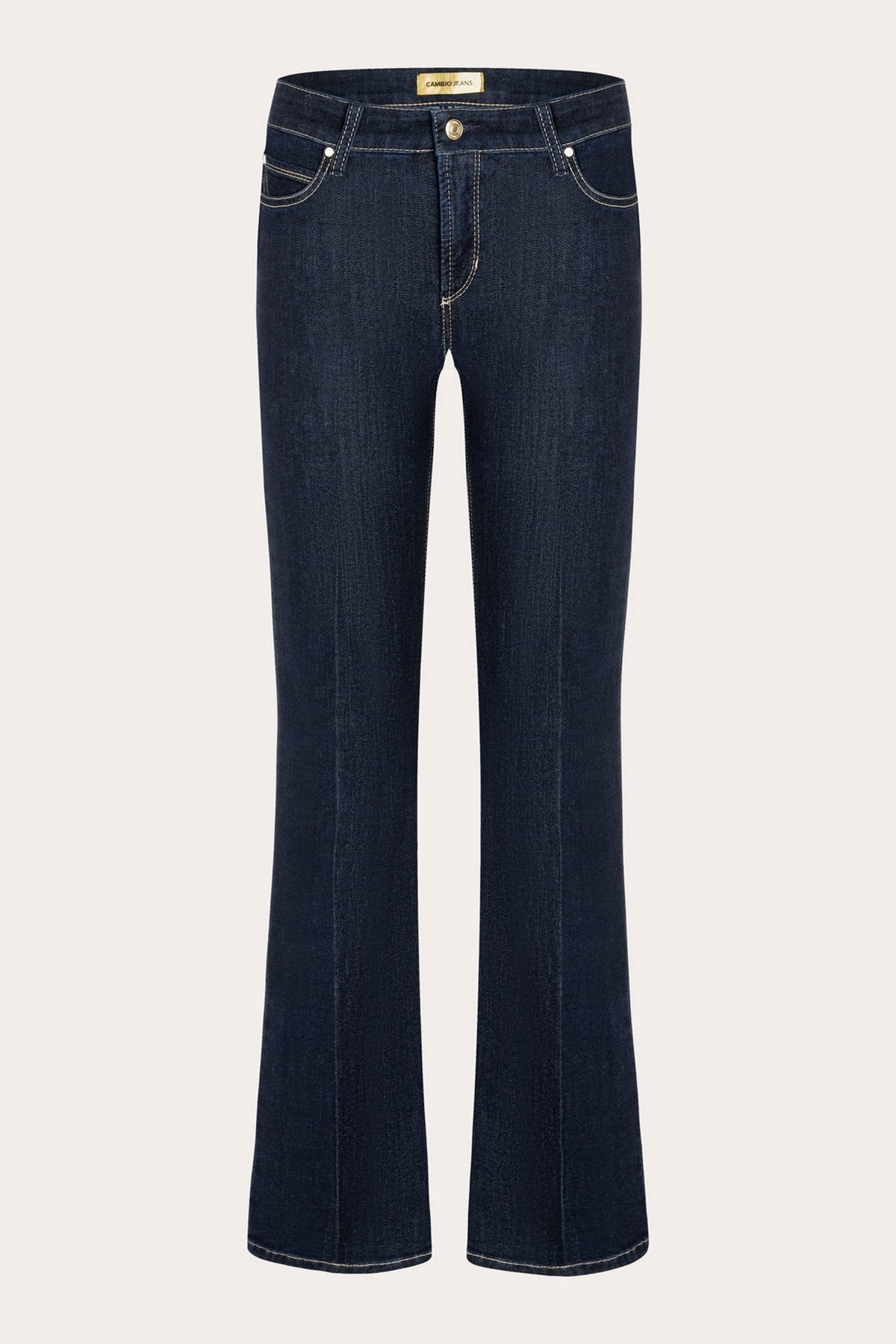 Donkerlbauwe flared jeans van Cambio met bruine stiksels.