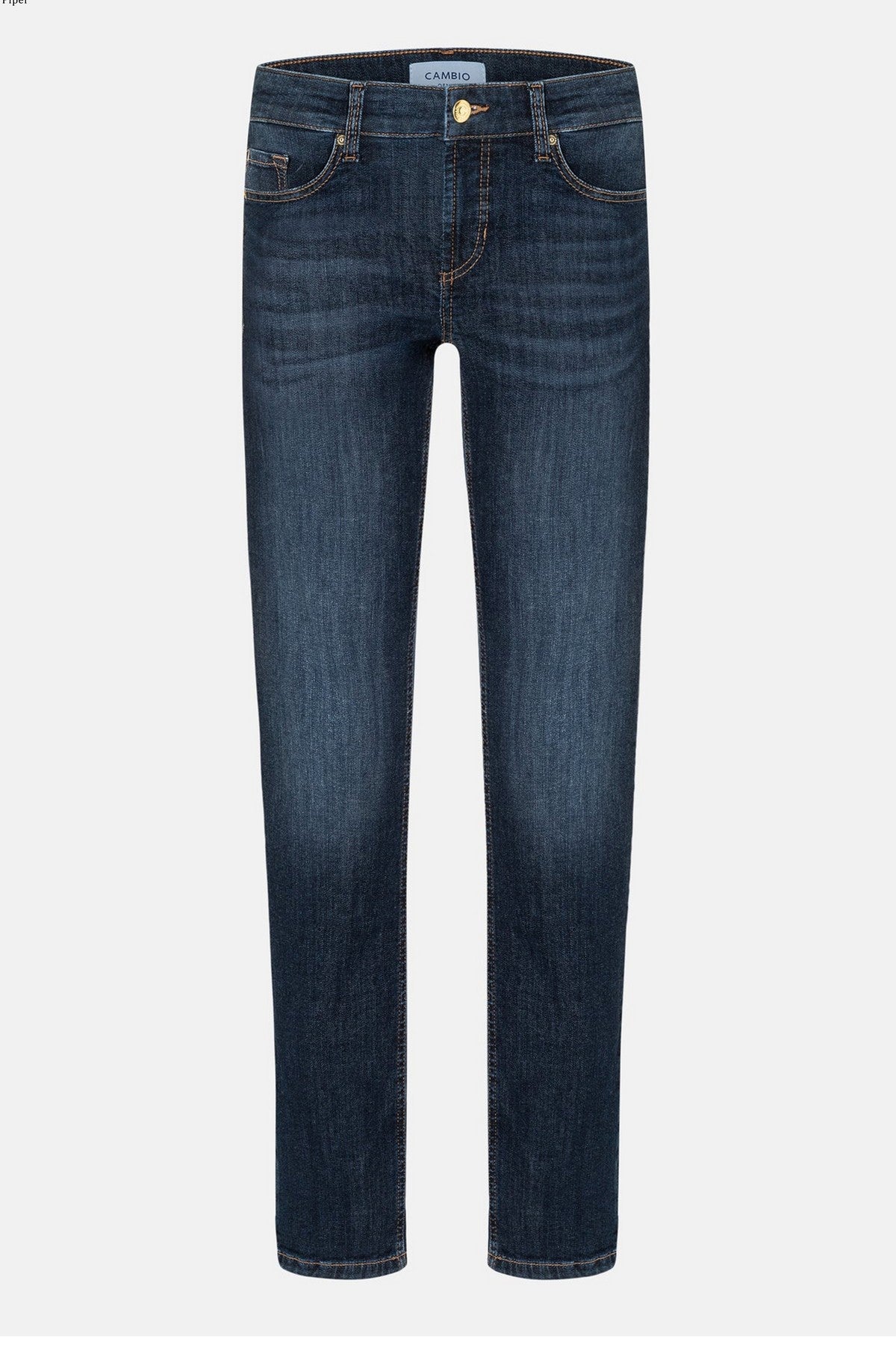 Slanke donkerblauwe slim-fit jeans van Cambio met stretch, klassieke 5-pocket stijl en vrouwelijke 'used wash'. 