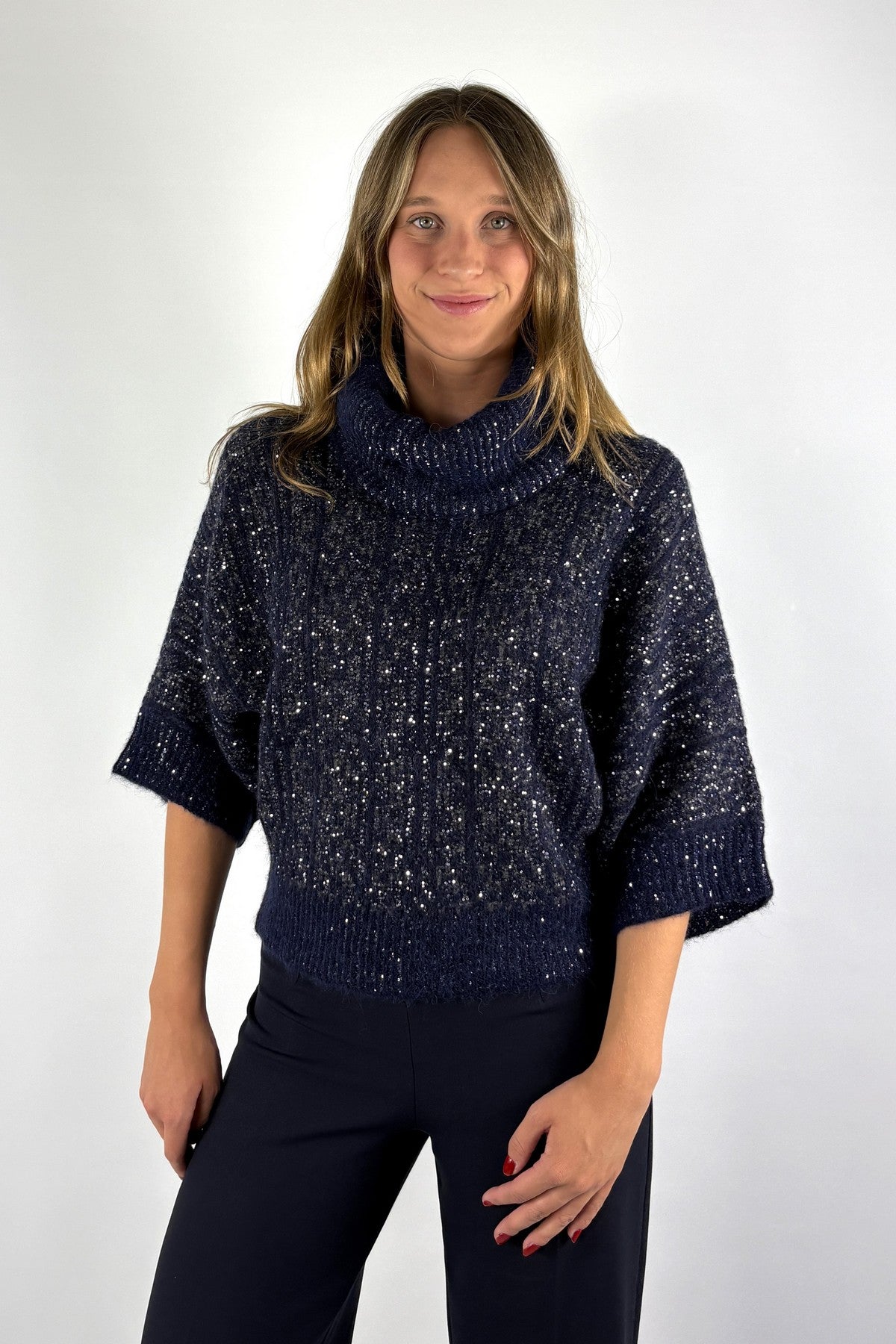 D.Exterior 63218 alpaca pull in Blue met 3/4-mouwen, grove ribbrei en afneembare kraag