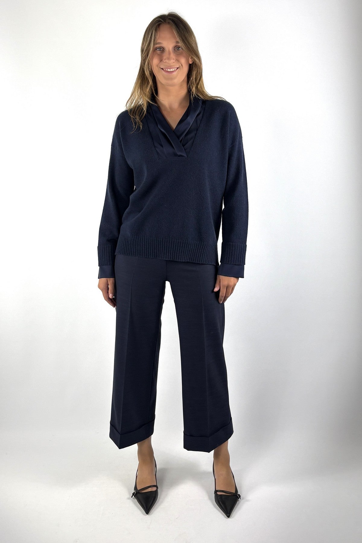 D.Exterior blauwe culotte in flanel met omslag onderaan en wijde pijpen