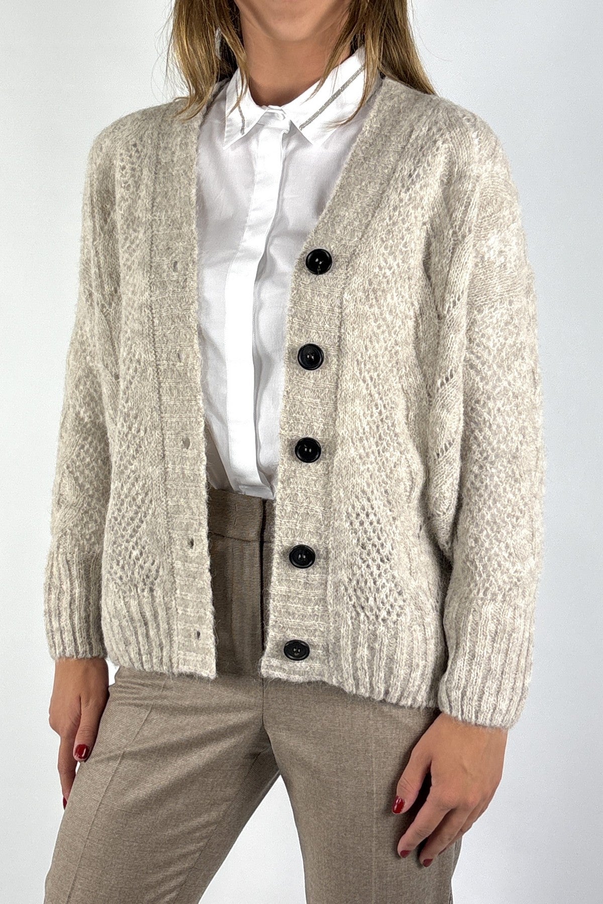 D.Exterior 63194 beige cardigan van alpaca met jacquard breimotief en zwarte knopen