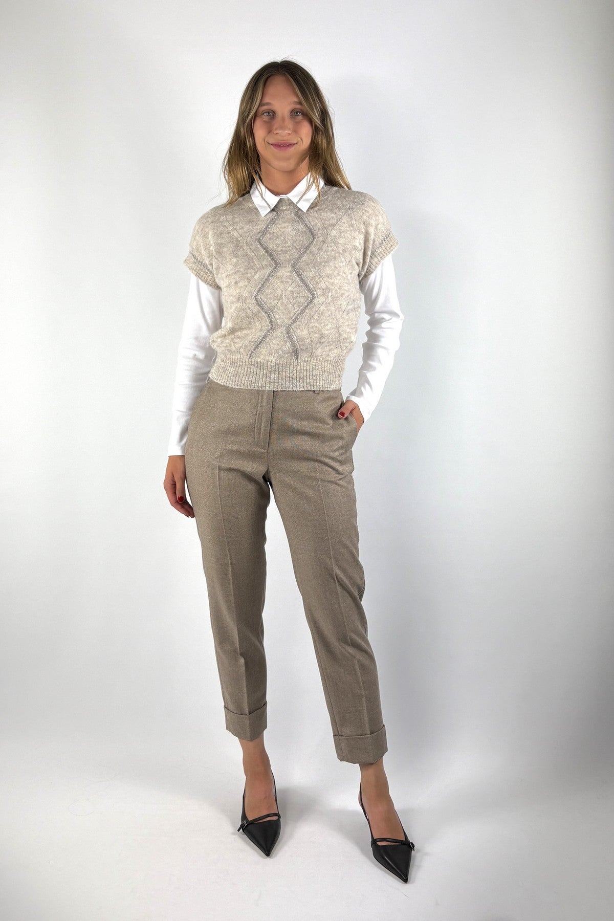 D.Exterior 63203 debardeur in beige melange met ruitdessin en korte kapmouwtjes