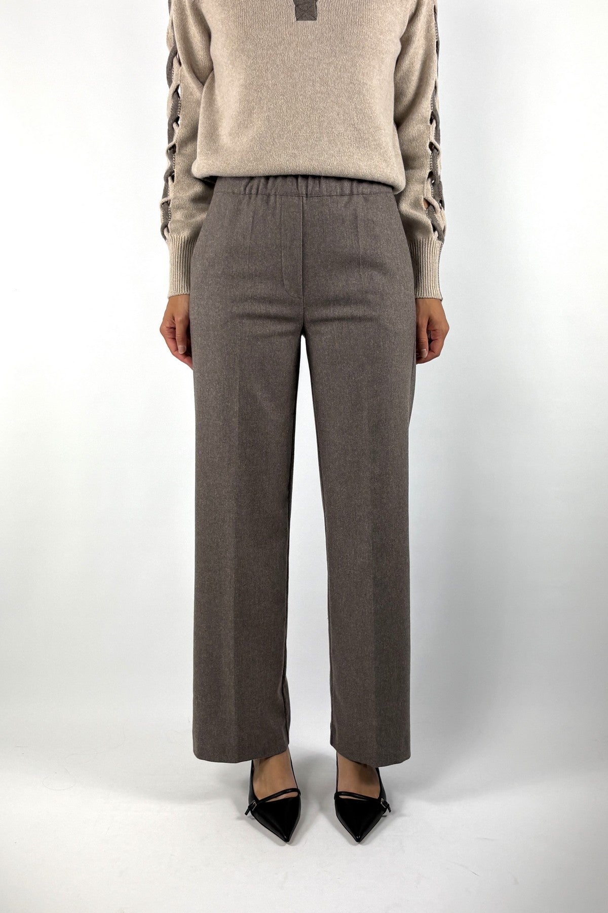 D.Exterior 63742 wide-leg flanellen pantalon in Visone met elastische tailleband en steekzakken