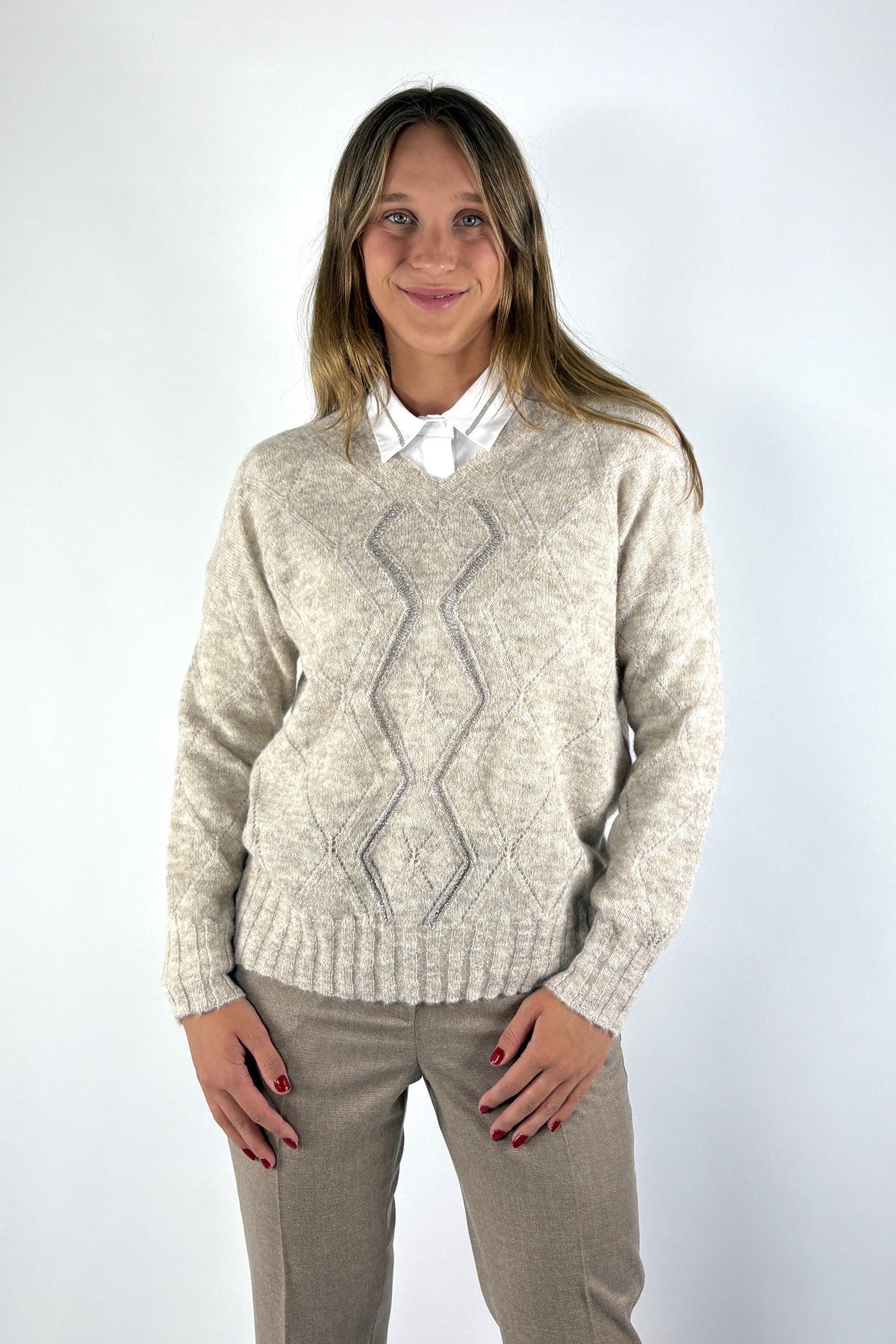 D.Exterior 63202 pull in Resina met V-hals, alpaca en ruitpatroon met strassdetails