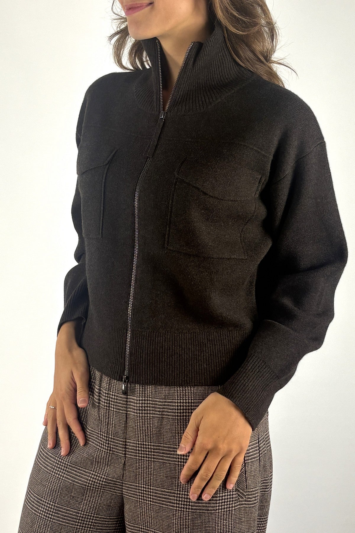 FFC kort gebreid vest met rits – Brown Melange