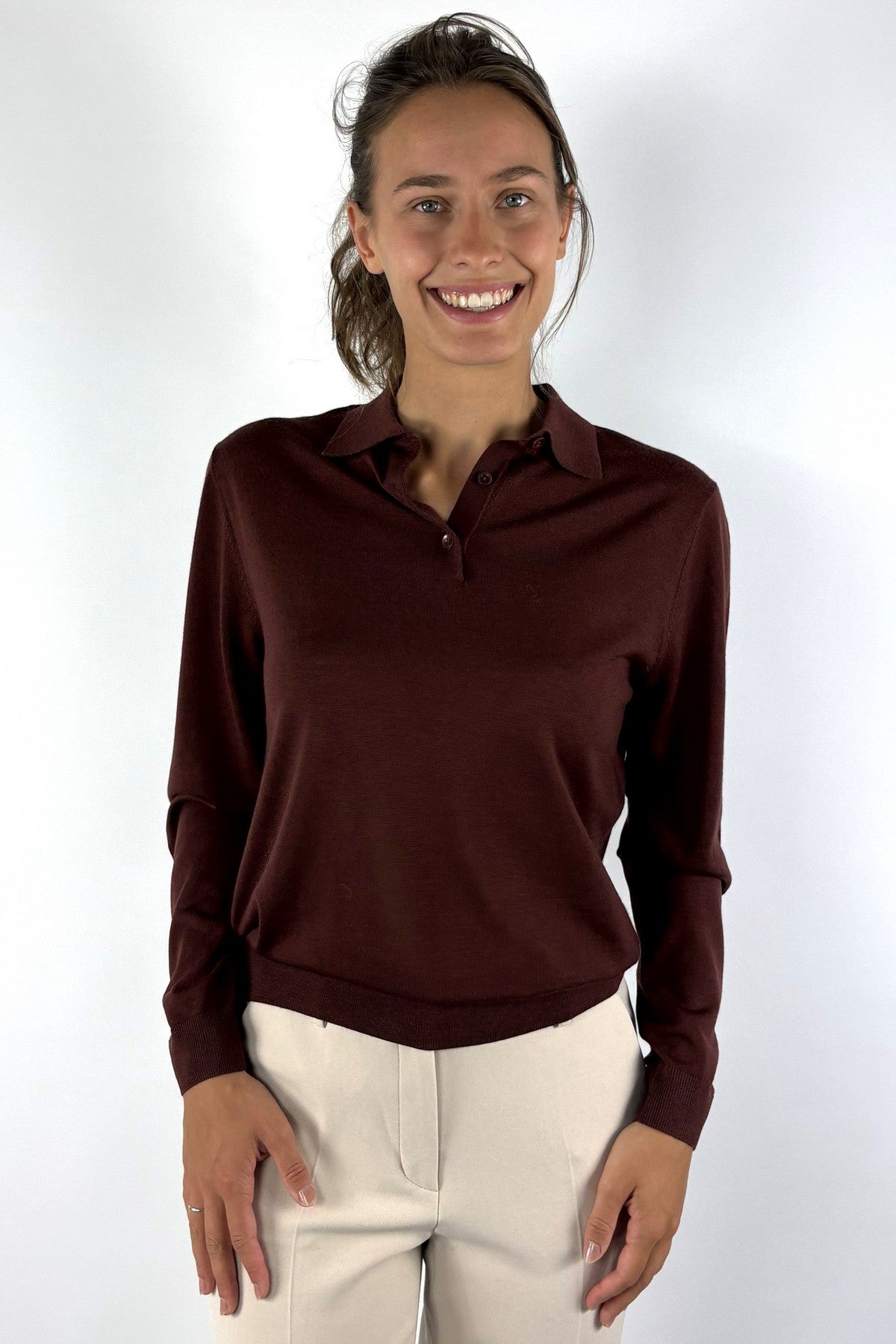 FFC Fashion 16067 polotrui in Marron van 100% merinowol met polokraag en knoopsluiting