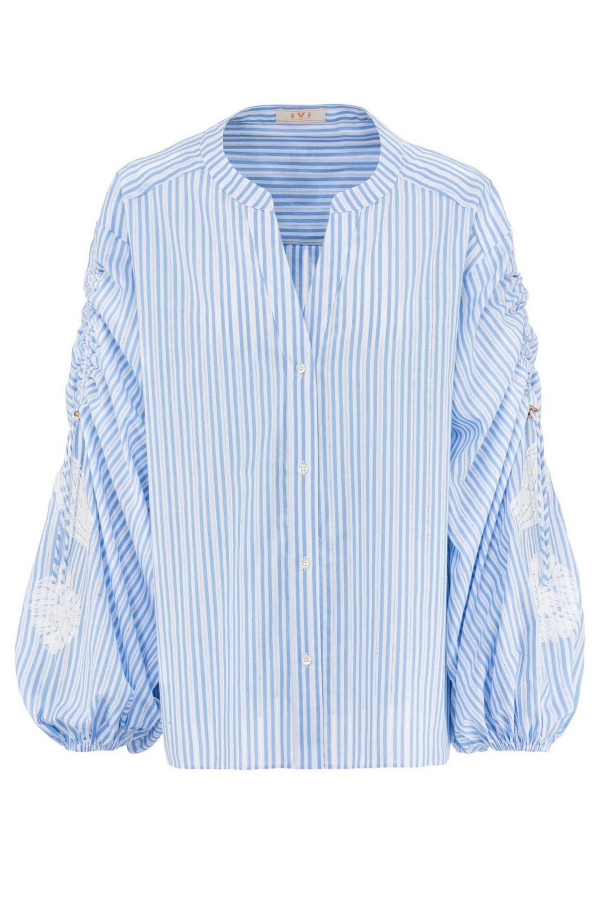 124110300 IVI Collection Fossil Shell cotton blouse gestreept met borduursels en volumineuze mouwen.