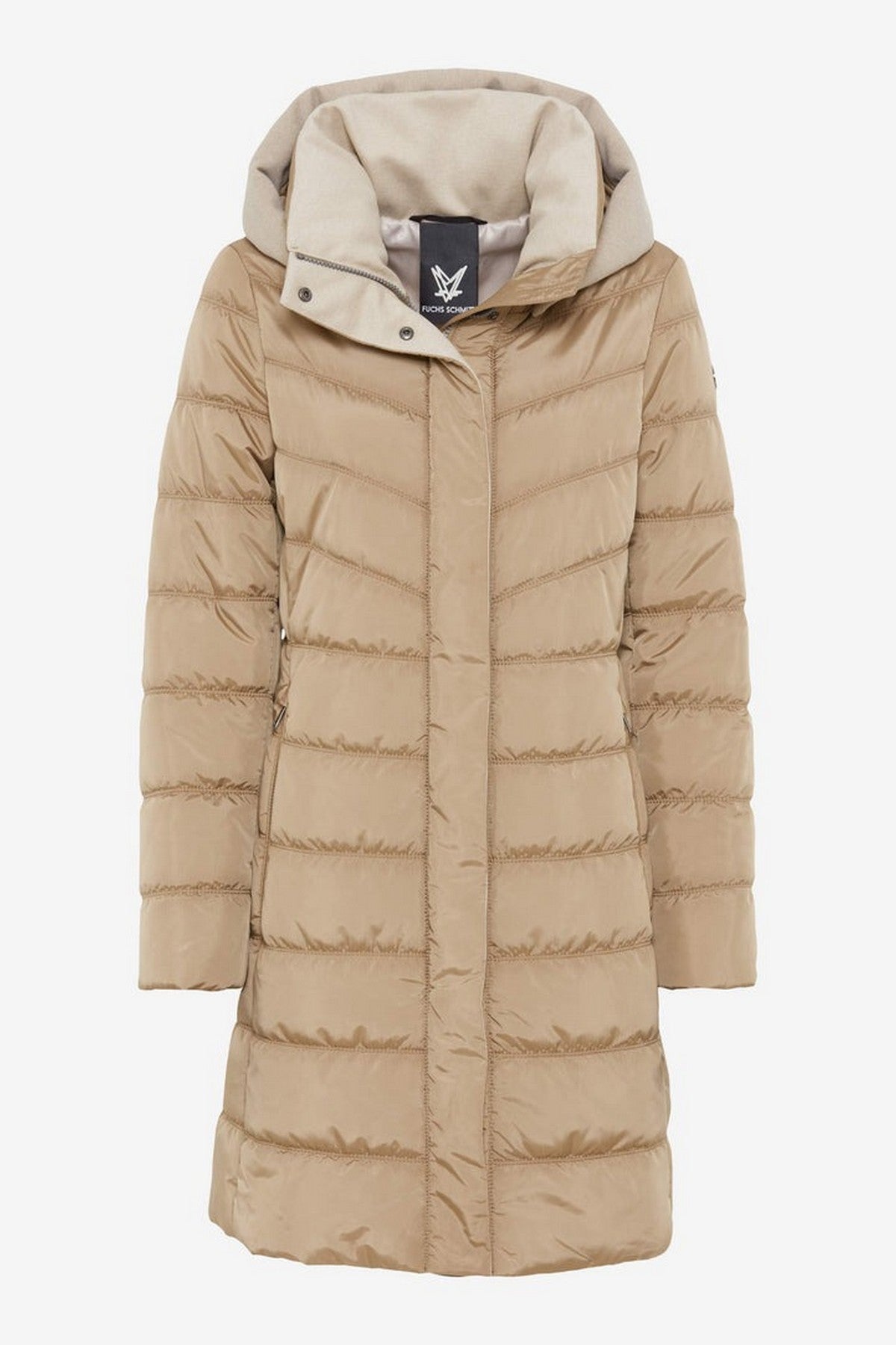 Doorstikte jas in camelkleur met ritssluiting en capuchon.