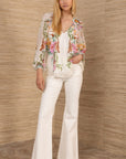Hale Bob chiffon blouse in ivory wit met volumineuze plissé mouwen en ronde zoom.