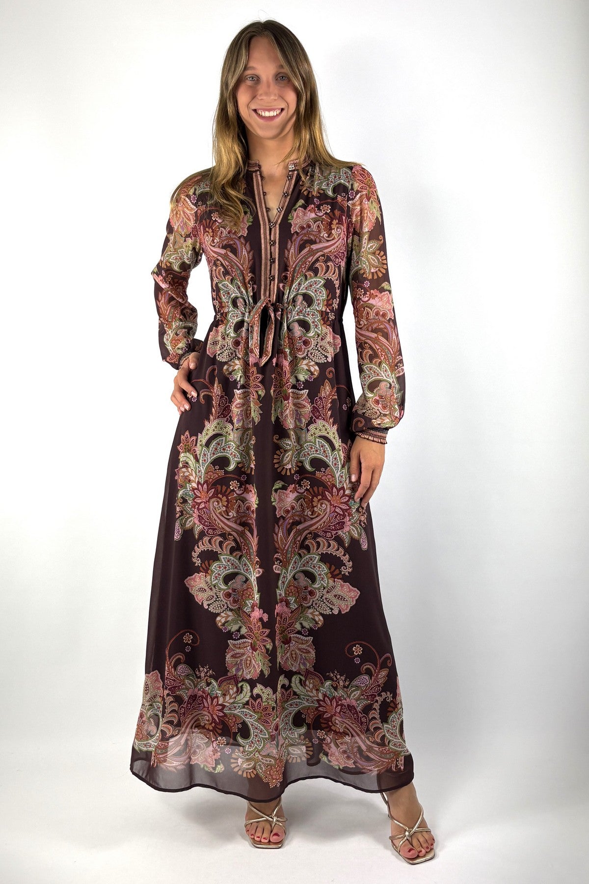 Hale Bob Isolde chiffon jurk met print in Wine met bordeaux, roze en bruine tinten