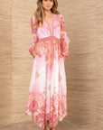 Hale Bob Kamilah chiffon maxi-jurk in roze met asymmetrische handkerchief-zoom.