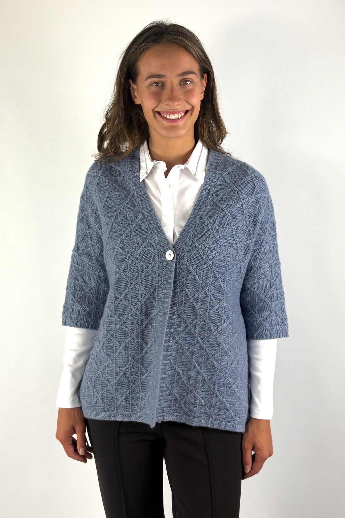 Hemisphere 2625735-4 cardigan wol cashmere met ruit – Denim Blue