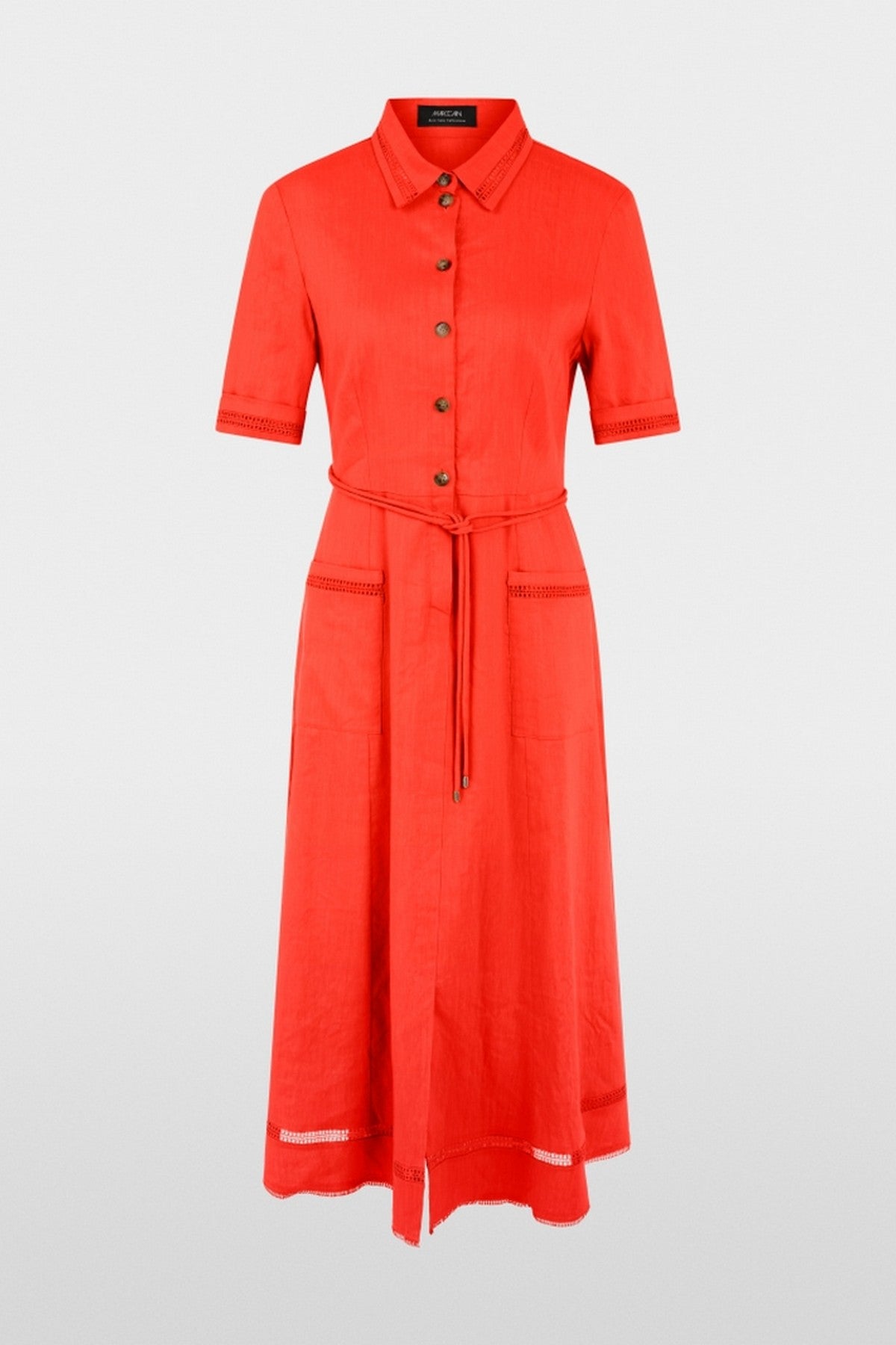 AC2141W70 Marc Cain overhemdjurk Sunny Orange met koord en uitlopende rok