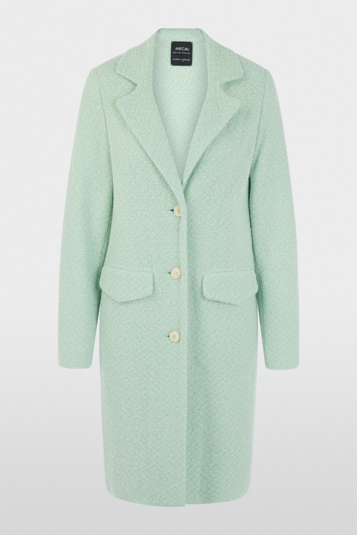 BC1102M05 Marc Cain jas in wolmix Knitted in Germany in Silt Green met drieknoopsluiting en klepzakken