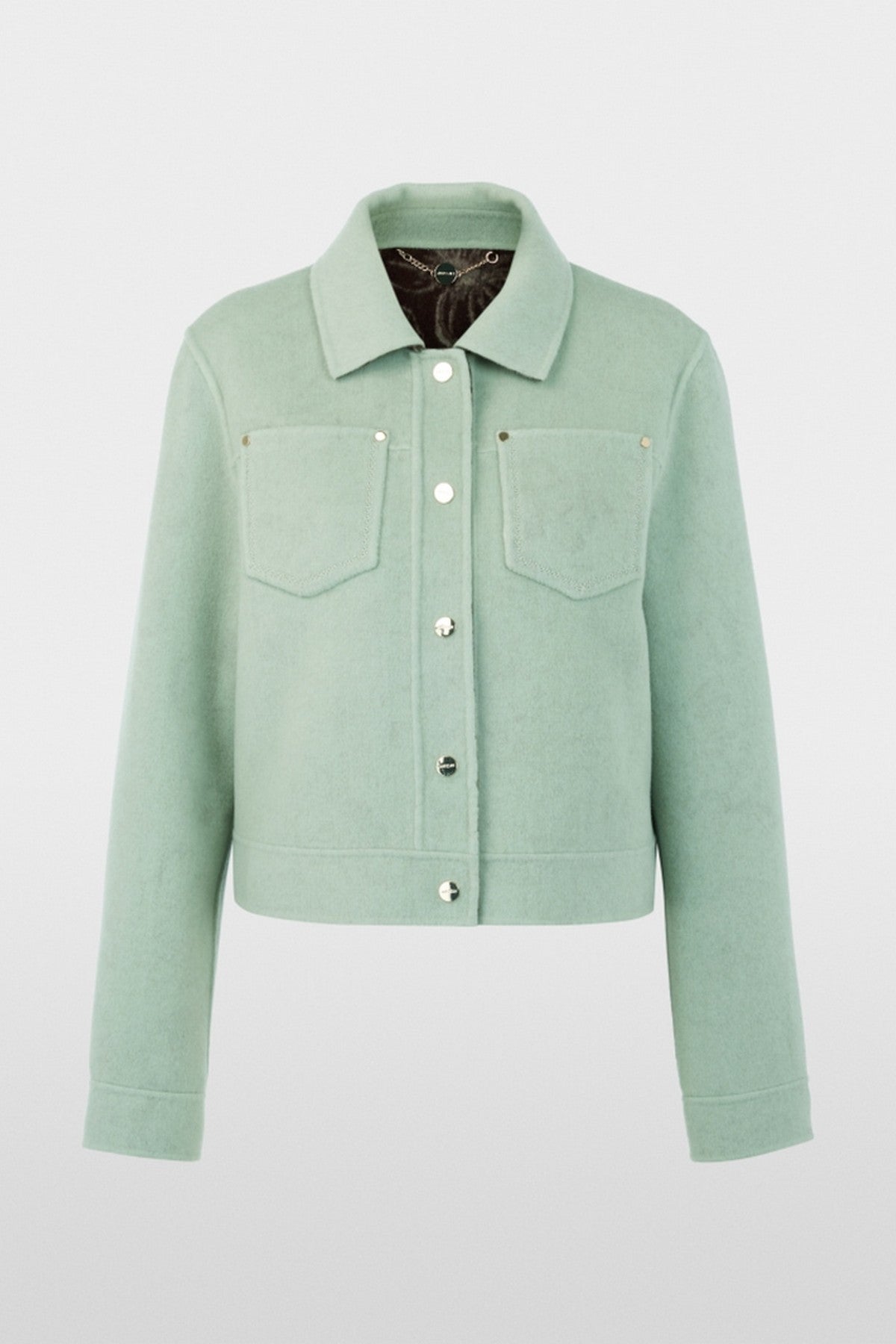 BC1206W23 Marc Cain luxe omkeerbaar wollen jasje in Silt Green met bloemenprint en drukknoopsluiting