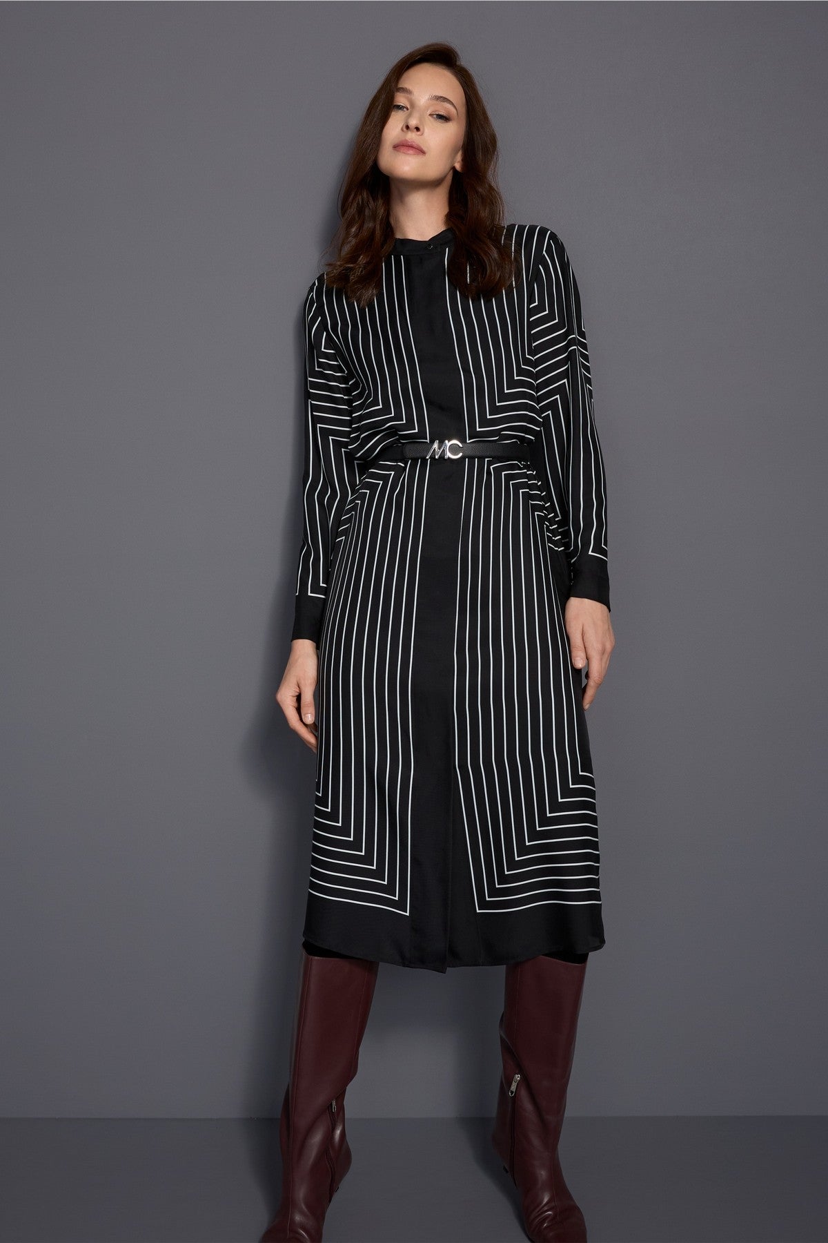Marc Cain midi-jurk met grafisch patroon – Black and White