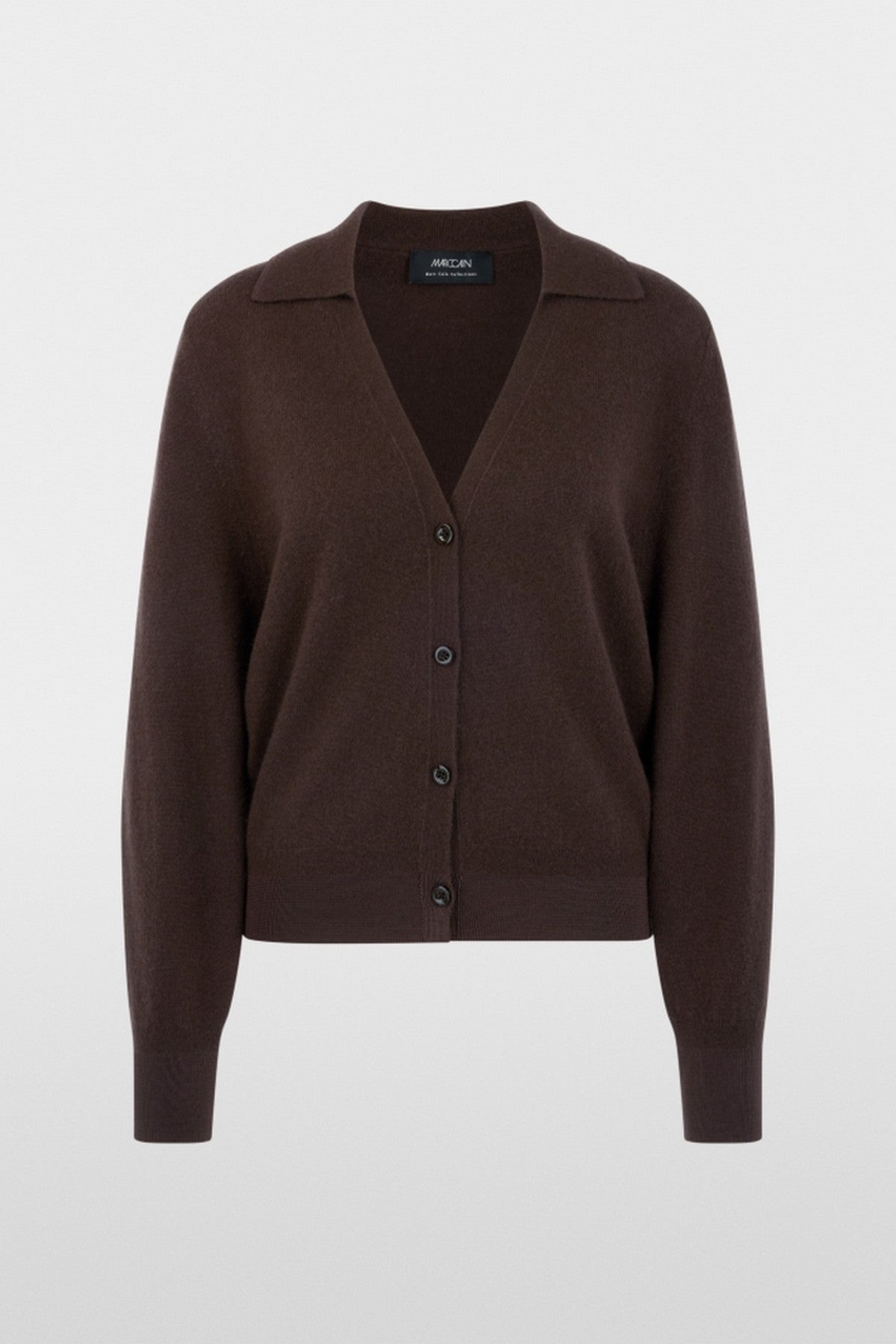 BC3908M68 Marc Cain cardigan van 100% kasjmier in Seal Brown met V-hals en knoopsluiting