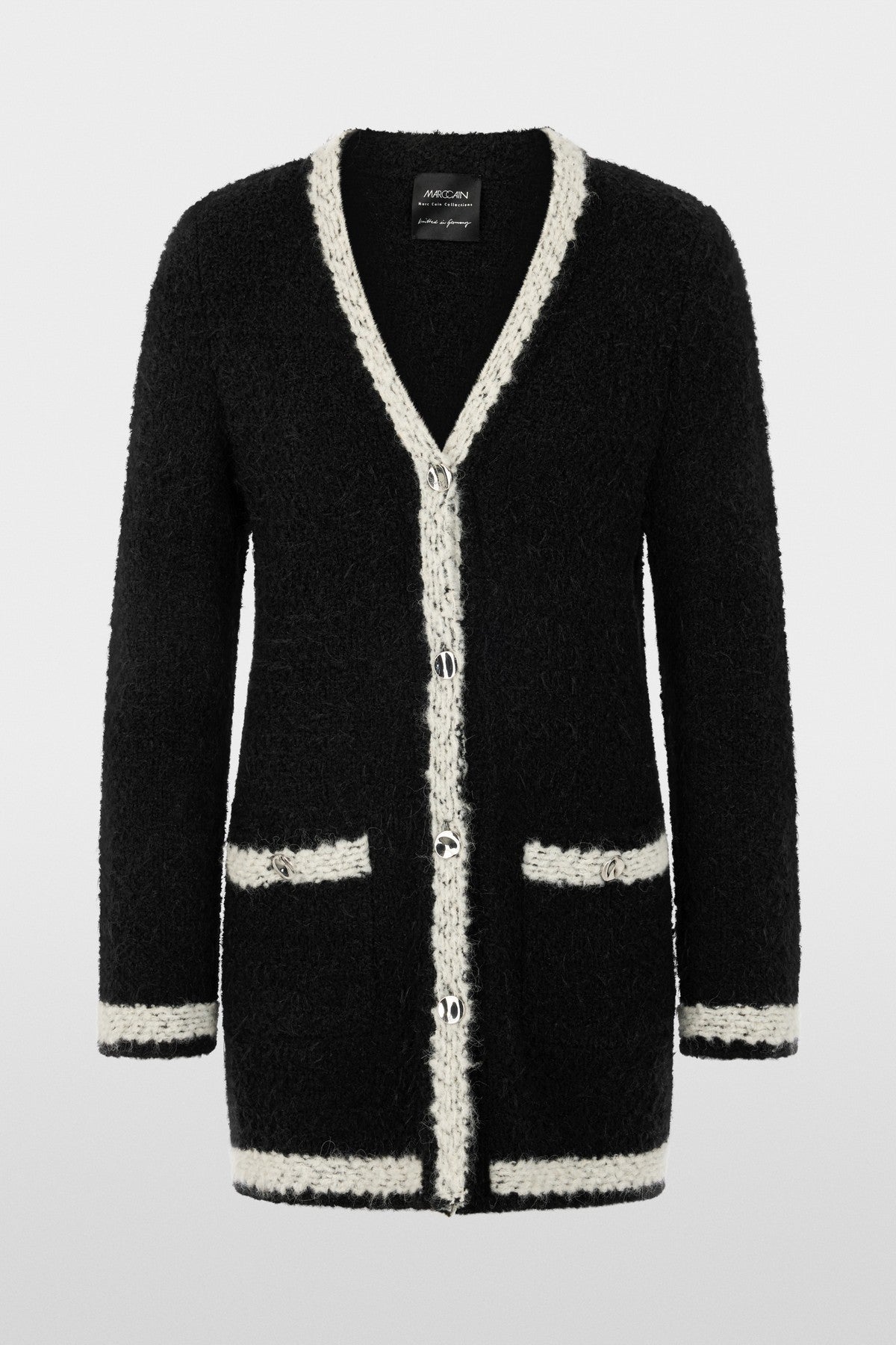 Marc Cain lang bouclé-vest in Black New met zilverkleurige knoopsluiting