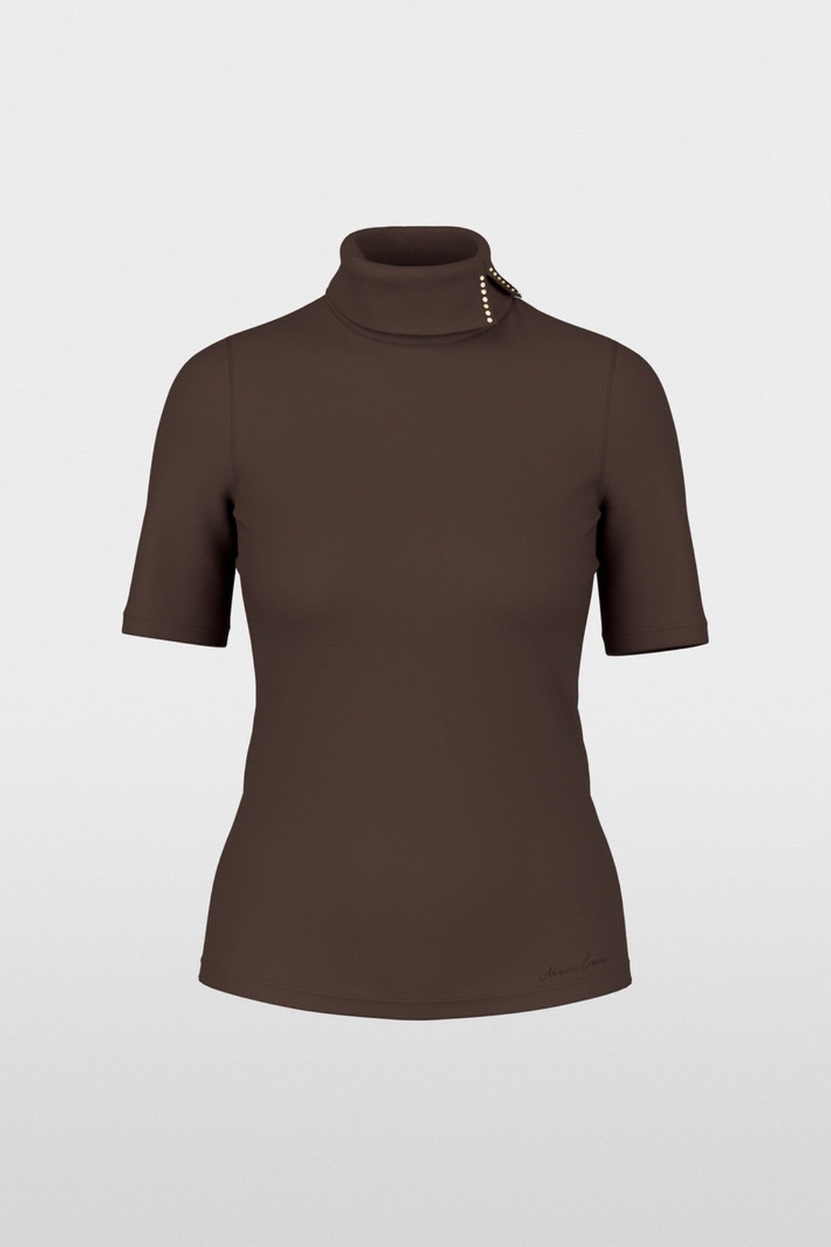 BC4818J14 Marc Cain shirt van stretchkatoen in Seal Brown met opstaande kraag en korte mouwen