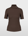 BC4818J14 Marc Cain shirt van stretchkatoen in Seal Brown met opstaande kraag en korte mouwen