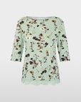 BC4831J47 Marc Cain bloemenshirt in Silt Green met bloemenprint, boothals en kanten applicatie