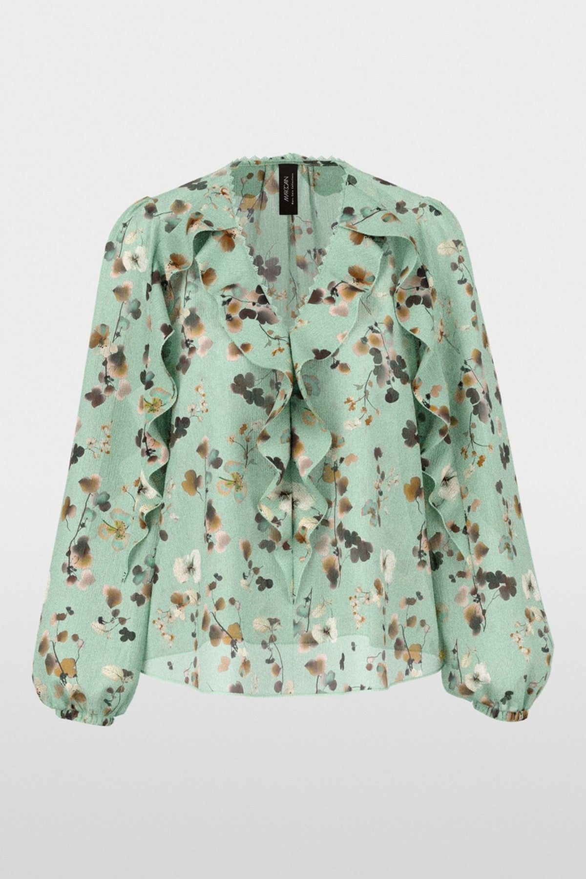 BC5108W54 Marc Cain bloemenblouse in Silt Green met volants en bloemenprint